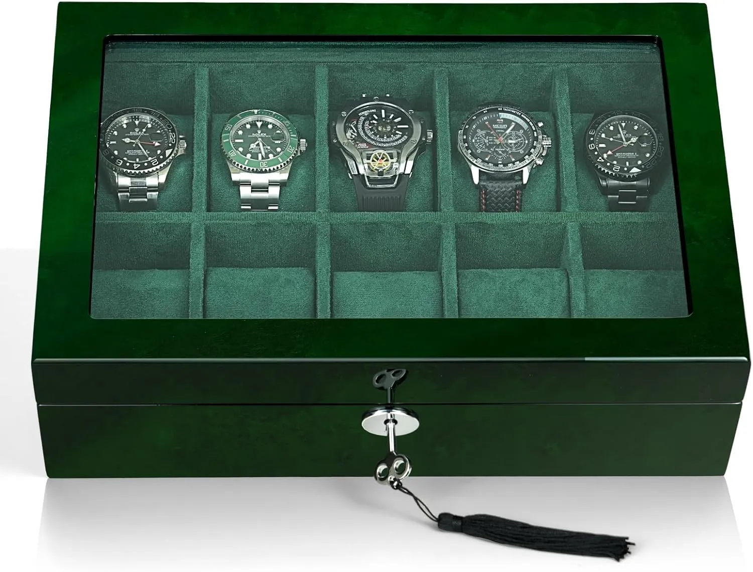 Glass Window, Gift for Women and Man (10W-GR) Watch Box storage illustrator for Men 10 Watches Storage Organizer Case, Smart Watch Display, Green Wood with Soft Suede Interior, Large 