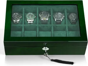 Glass Window, Gift for Women and Man (10W-GR) Watch Box storage illustrator for Men 10 Watches Storage Organizer Case, Smart Watch Display, Green Wood with Soft Suede Interior, Large 
