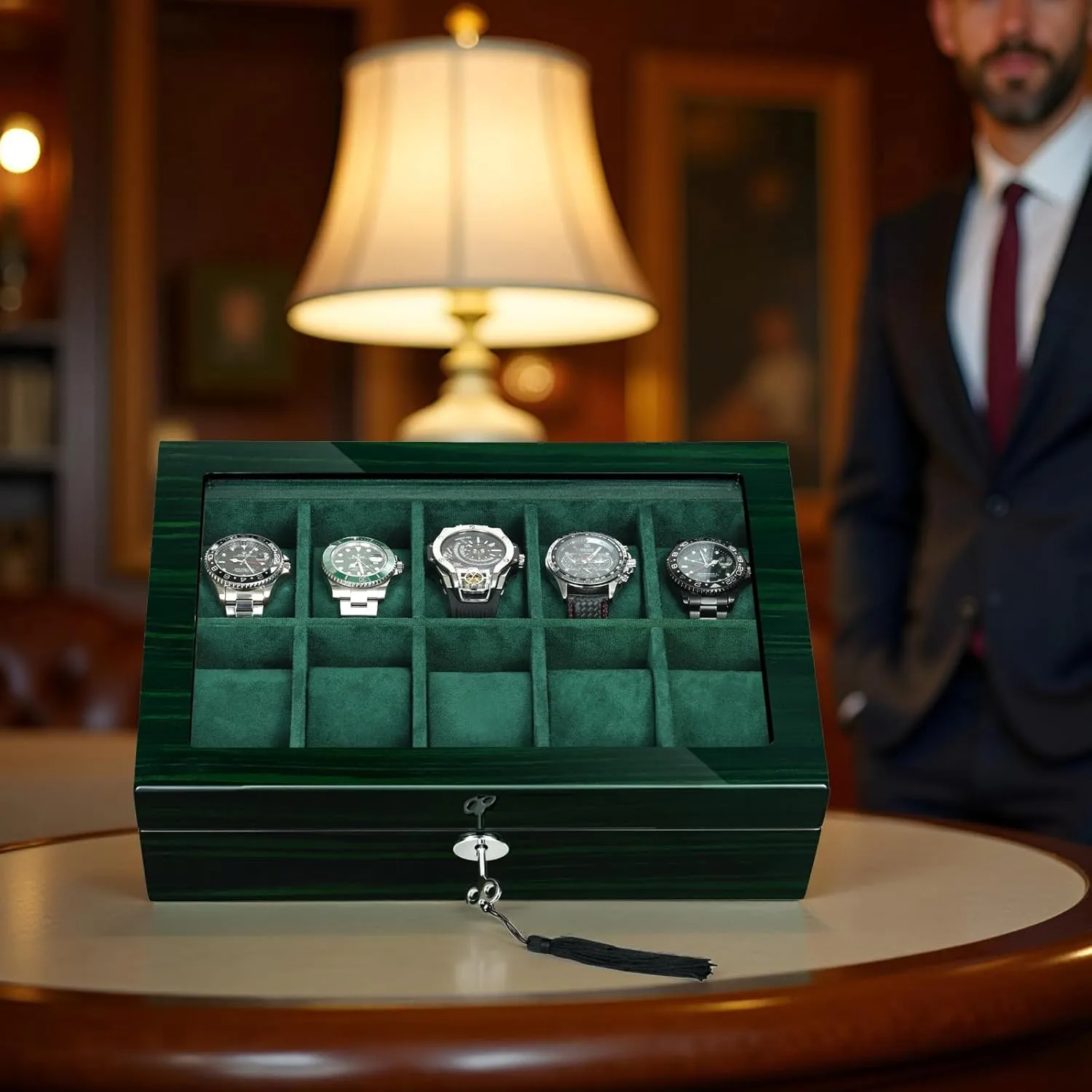 Glass Window, Gift for Women and Man (10W-GR) Watch Box storage illustrator for Men 10 Watches Storage Organizer Case, Smart Watch Display, Green Wood with Soft Suede Interior, Large 