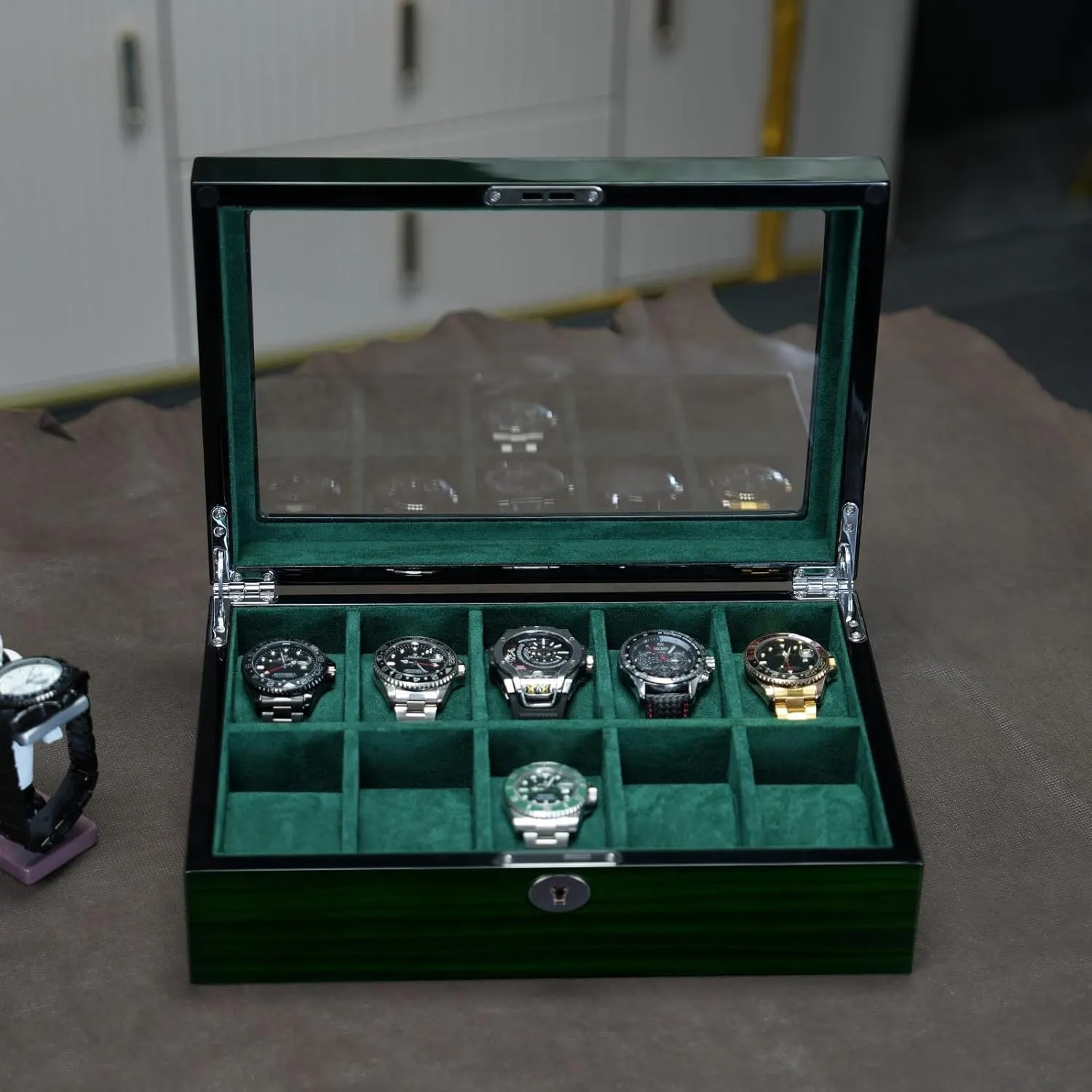 Glass Window, Gift for Women and Man (10W-GR) Watch Box storage illustrator for Men 10 Watches Storage Organizer Case, Smart Watch Display, Green Wood with Soft Suede Interior, Large 