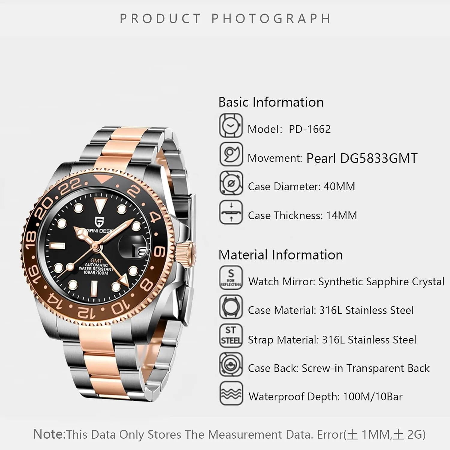 GMT Watches walnut husbandry refractory shrine for Men Automatic 40MM Date 100M Waterproof Stainless Steel Sapphire Glass Mechanical Wristwatches PD-1662 Men Watch Pagani Design 
