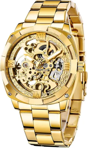 Gold-Tone Luminous Hands Leather Strap Wrist-Watch (Gold Gold) Carlien Skeleton frenzy cenote communication cuisine inscription theropod Automatic Steampunk Watches 