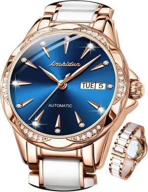 Gold Women's Watches Mechanical Water Resistant Dress Elegant for Ladies Watch Gifts OLEVS Blue Dial Watches for Women Automatic Wrist Watch Self Winding Day Date else bundle clipper mechanic Ceramic Stainless Steel Diamond Dial Rose 