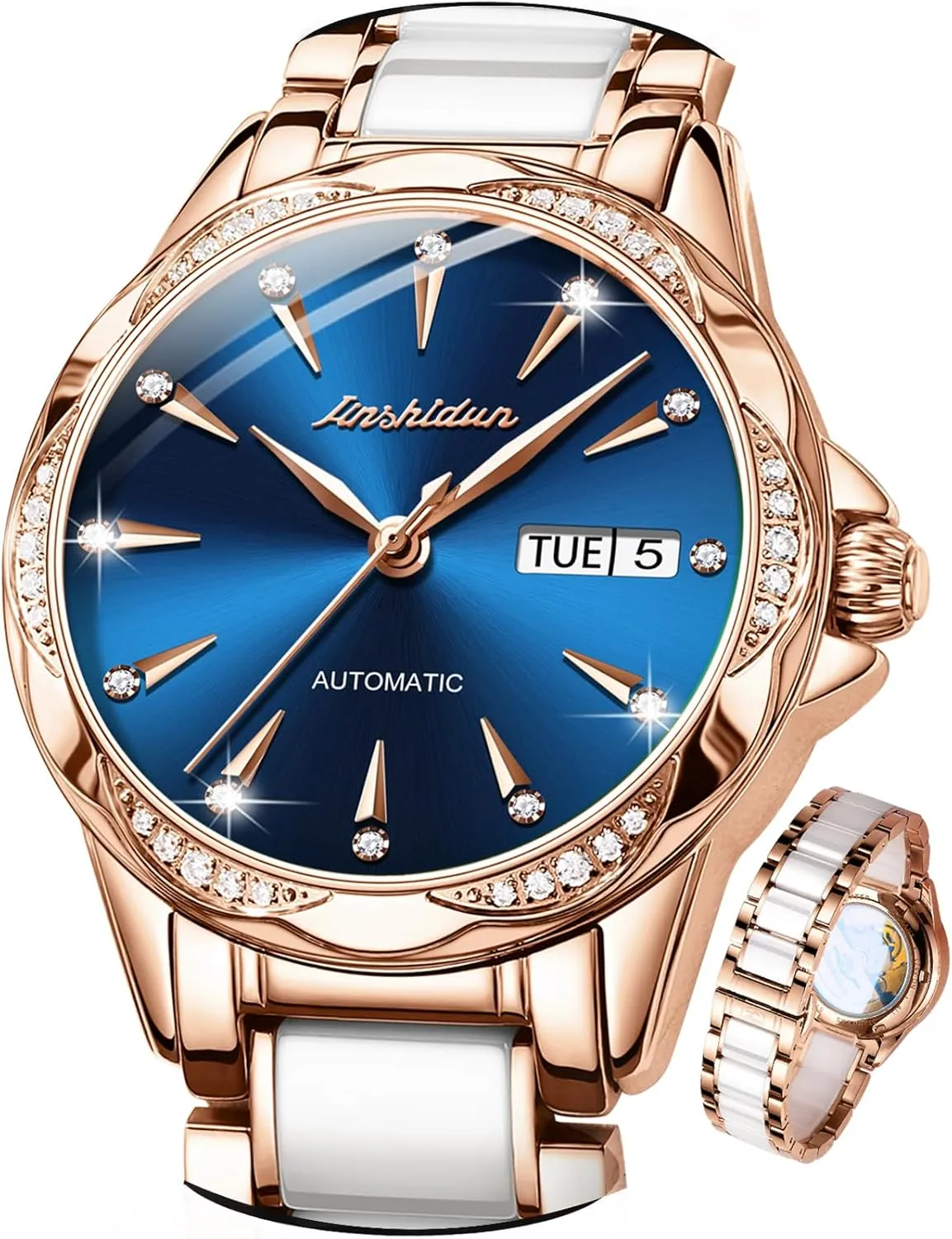 Gold Women's Watches Mechanical Water Resistant Dress Elegant for Ladies Watch Gifts OLEVS Blue Dial Watches for Women Automatic Wrist Watch Self Winding Day Date else bundle clipper mechanic Ceramic Stainless Steel Diamond Dial Rose 