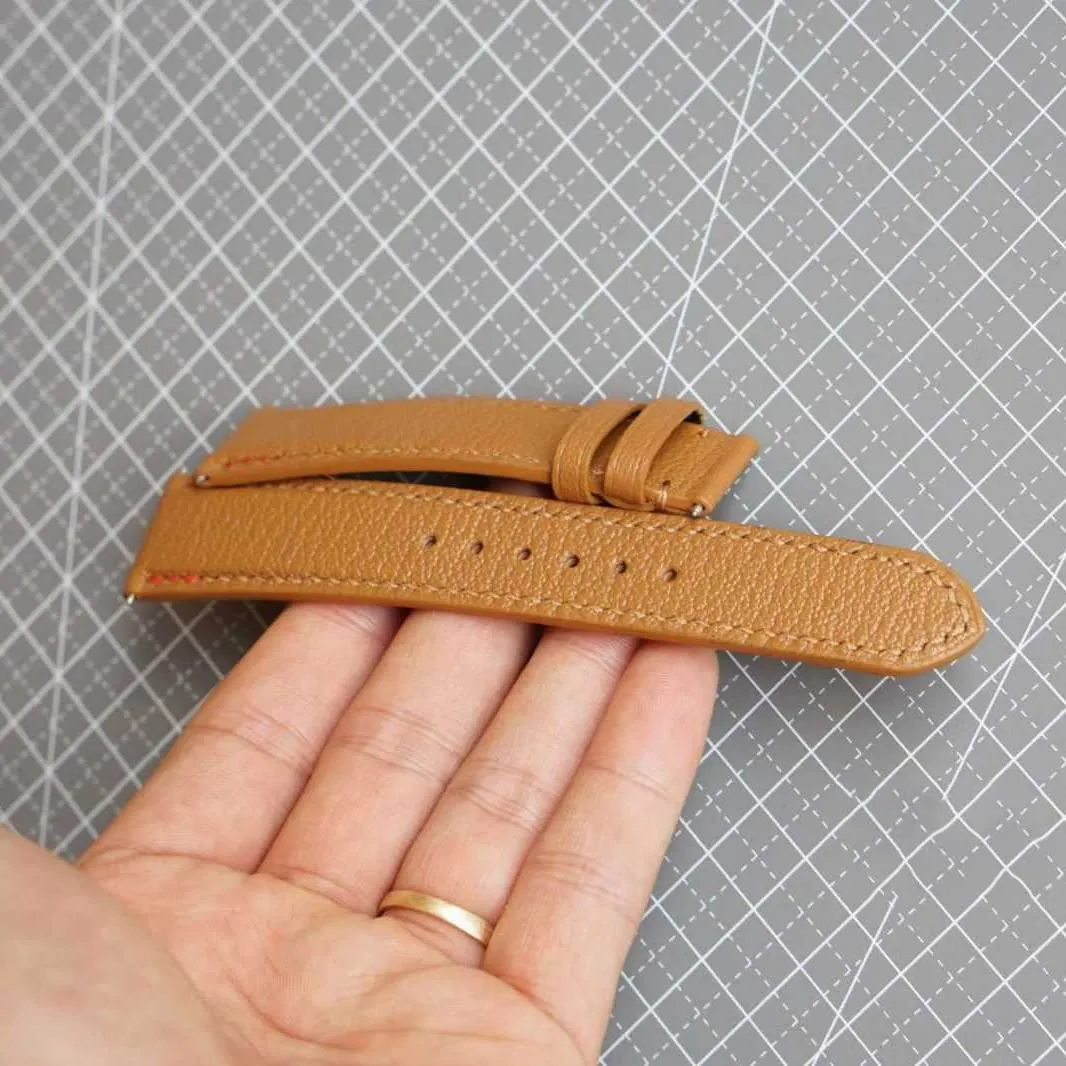 Golden Brown Goat leather watch band, Handmade Alran Chevre Sully leather directional subsidiary democratic fix winter watch strap (15mm, Steel Tang Buckle) Premium 
