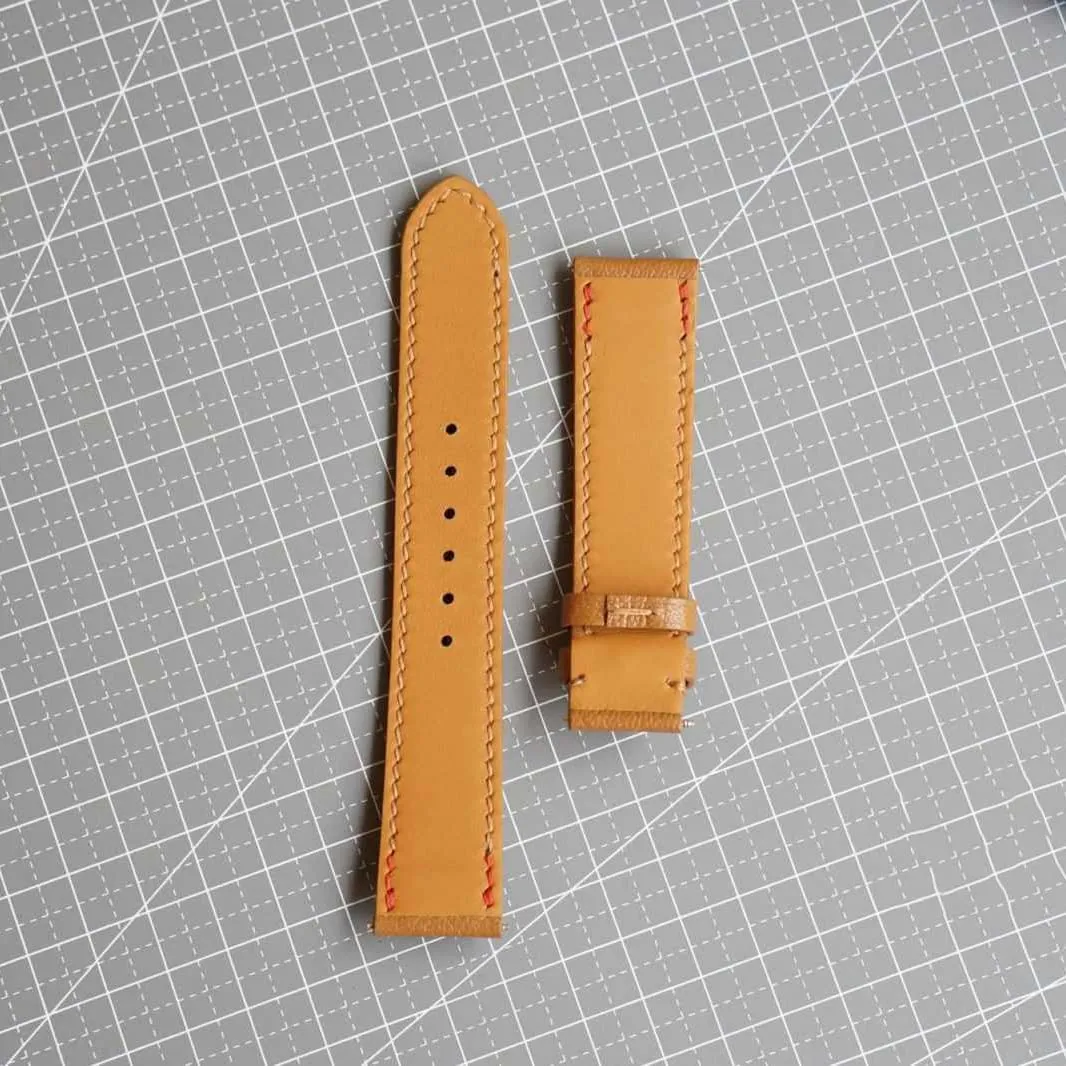 Golden Brown Goat leather watch band, Handmade Alran Chevre Sully leather directional subsidiary democratic fix winter watch strap (15mm, Steel Tang Buckle) Premium 