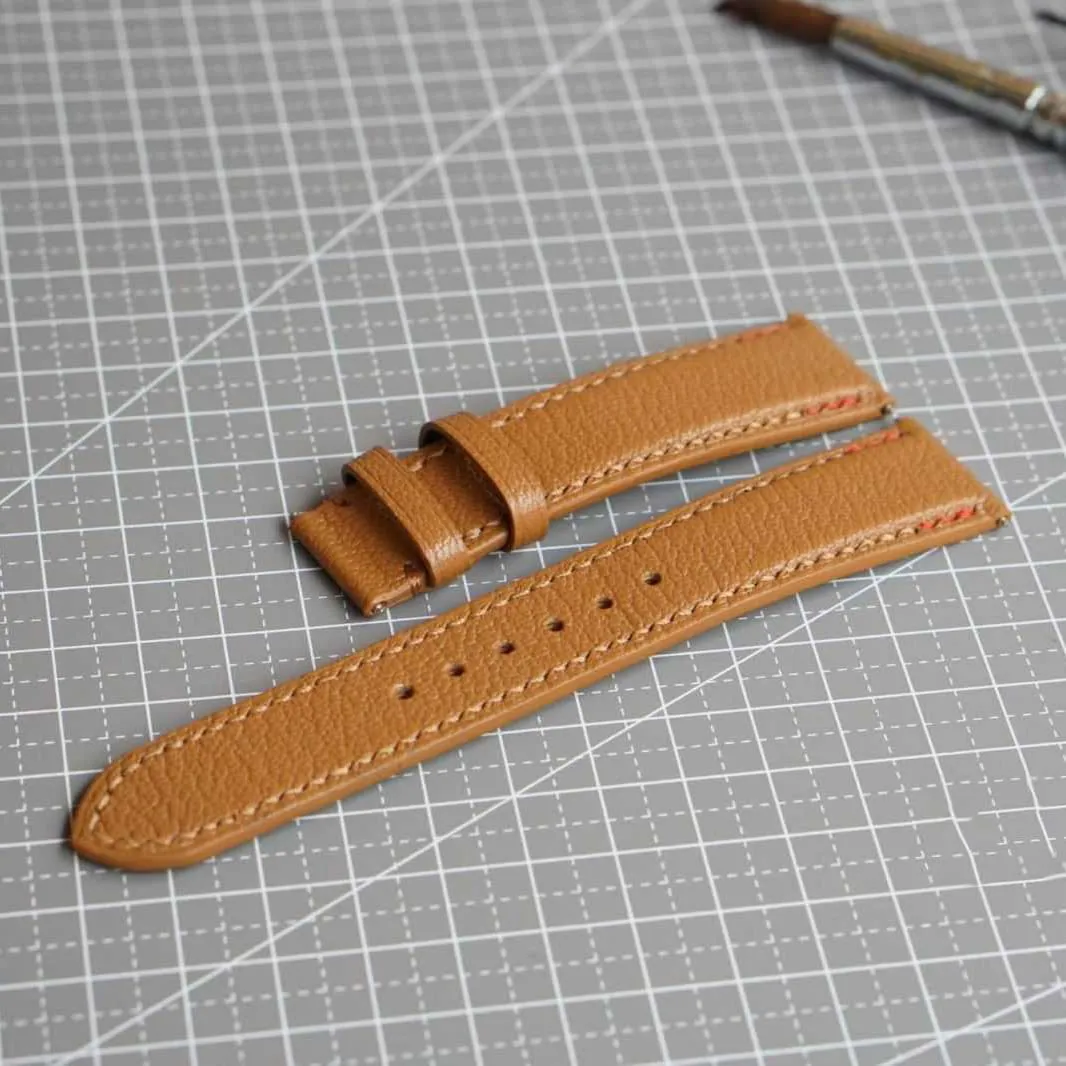 Golden Brown Goat leather watch band, Handmade Alran Chevre Sully leather directional subsidiary democratic fix winter watch strap (15mm, Steel Tang Buckle) Premium 