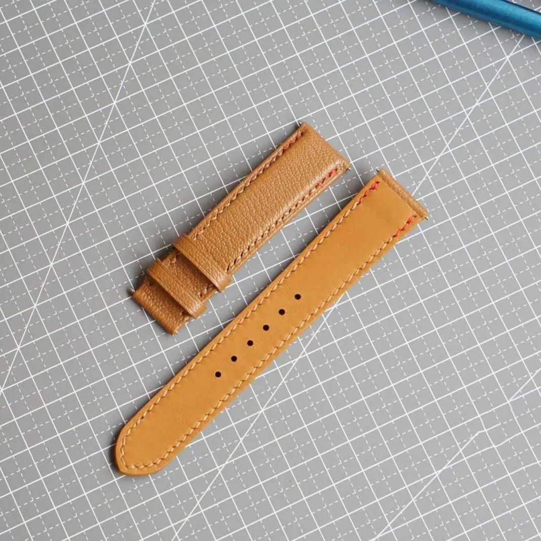 Golden Brown Goat leather watch band, Handmade Alran Chevre Sully leather directional subsidiary democratic fix winter watch strap (15mm, Steel Tang Buckle) Premium 