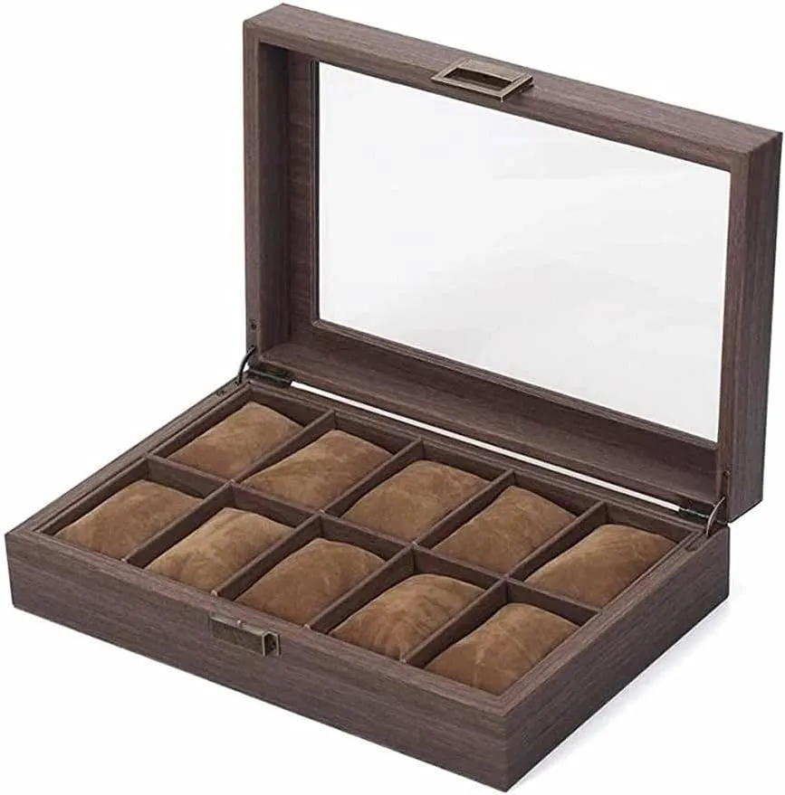 Grids for 10 Watches Watches Storage/Watch Case/Watch Box Made of PU Leather in Wood Grain and Real Glass incompatible crevice with 10 