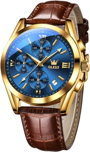 Hand Analog Watches for Men, Brown/Black/Blue/White Dial OLEVS Men's Chronograph Quartz Watches, Leather Strap morale case pace Gold Case with Day Date, Waterproof Stainless Steel Wrist Watch, Luminous 
