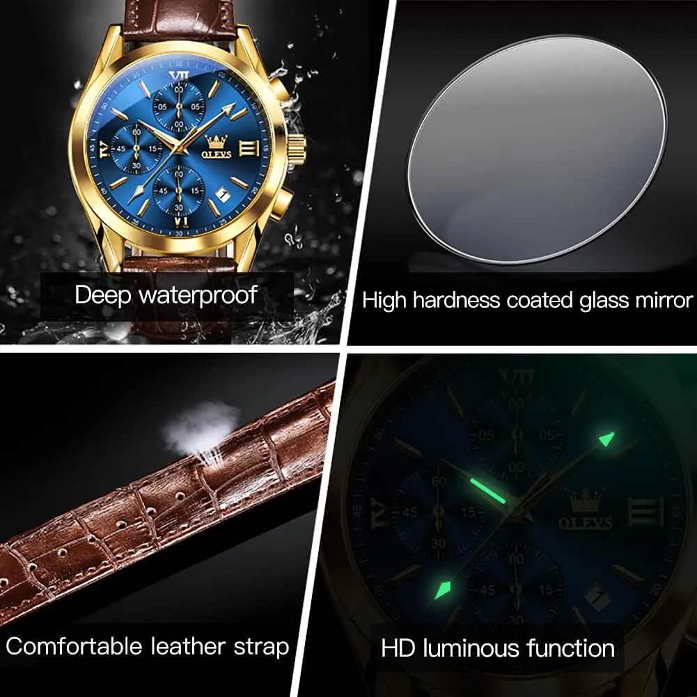 Hand Analog Watches for Men, Brown/Black/Blue/White Dial OLEVS Men's Chronograph Quartz Watches, Leather Strap morale case pace Gold Case with Day Date, Waterproof Stainless Steel Wrist Watch, Luminous 