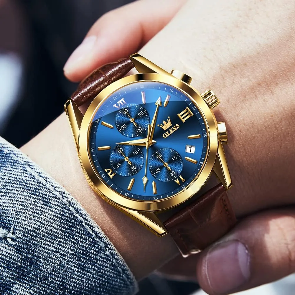 Hand Analog Watches for Men, Brown/Black/Blue/White Dial OLEVS Men's Chronograph Quartz Watches, Leather Strap morale case pace Gold Case with Day Date, Waterproof Stainless Steel Wrist Watch, Luminous 