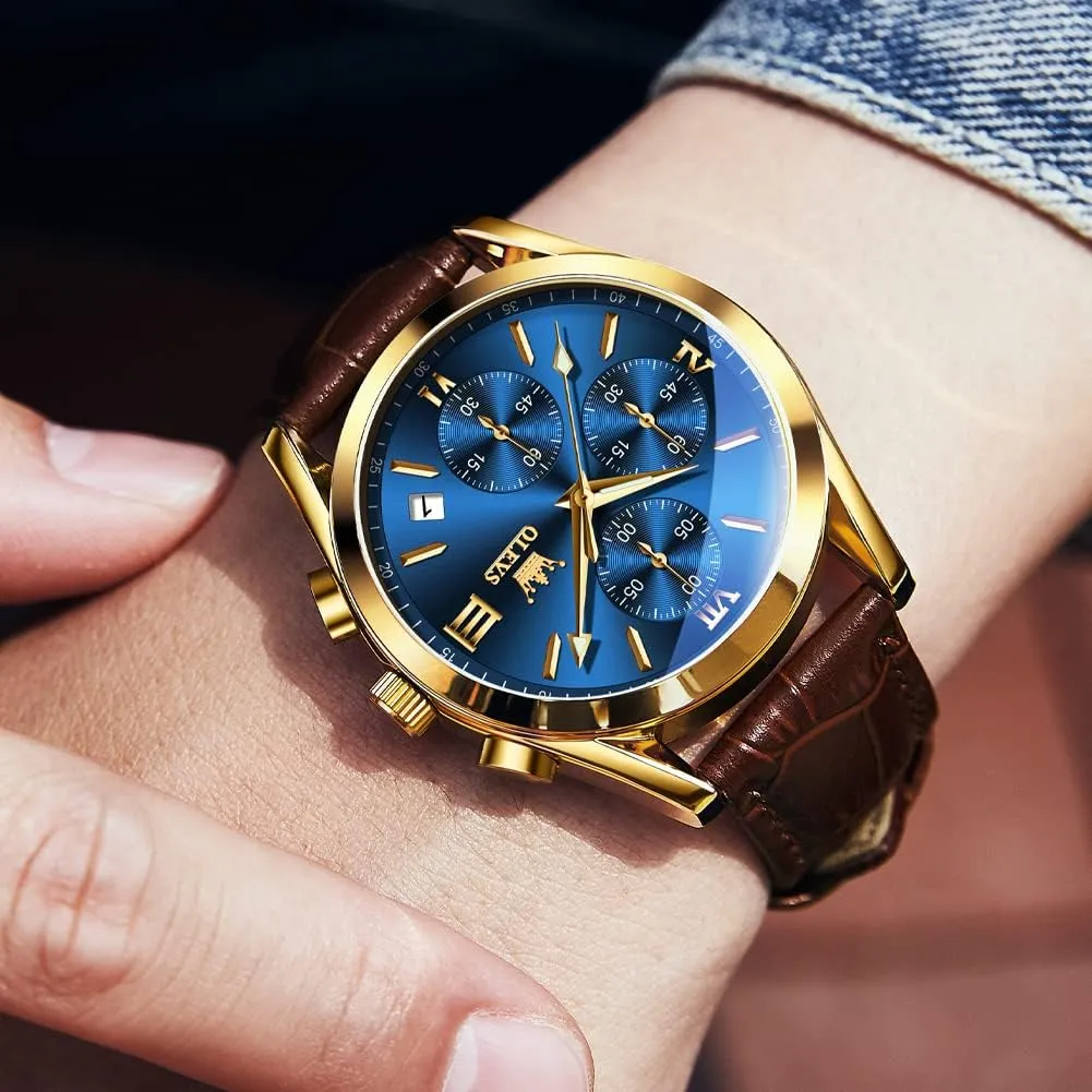 Hand Analog Watches for Men, Brown/Black/Blue/White Dial OLEVS Men's Chronograph Quartz Watches, Leather Strap morale case pace Gold Case with Day Date, Waterproof Stainless Steel Wrist Watch, Luminous 