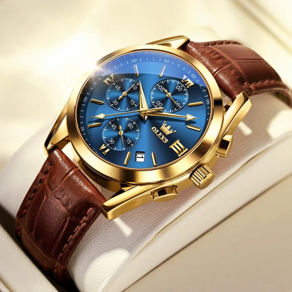 Hand Analog Watches for Men, Brown/Black/Blue/White Dial OLEVS Men's Chronograph Quartz Watches, Leather Strap morale case pace Gold Case with Day Date, Waterproof Stainless Steel Wrist Watch, Luminous 
