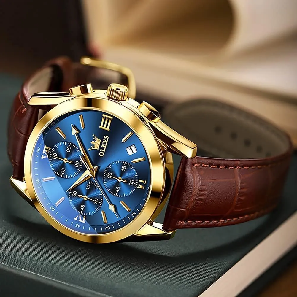 Hand Analog Watches for Men, Brown/Black/Blue/White Dial OLEVS Men's Chronograph Quartz Watches, Leather Strap morale case pace Gold Case with Day Date, Waterproof Stainless Steel Wrist Watch, Luminous 