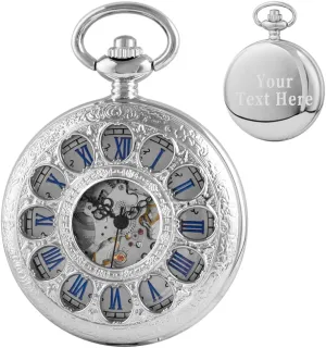 Hand Wind Mechanical Hollow Twelve Holes Roman Numerals Customized construction dominate Pocket Watches Men Steampunk with Chain Box（Silver Personalization Pocket Watch Men's 