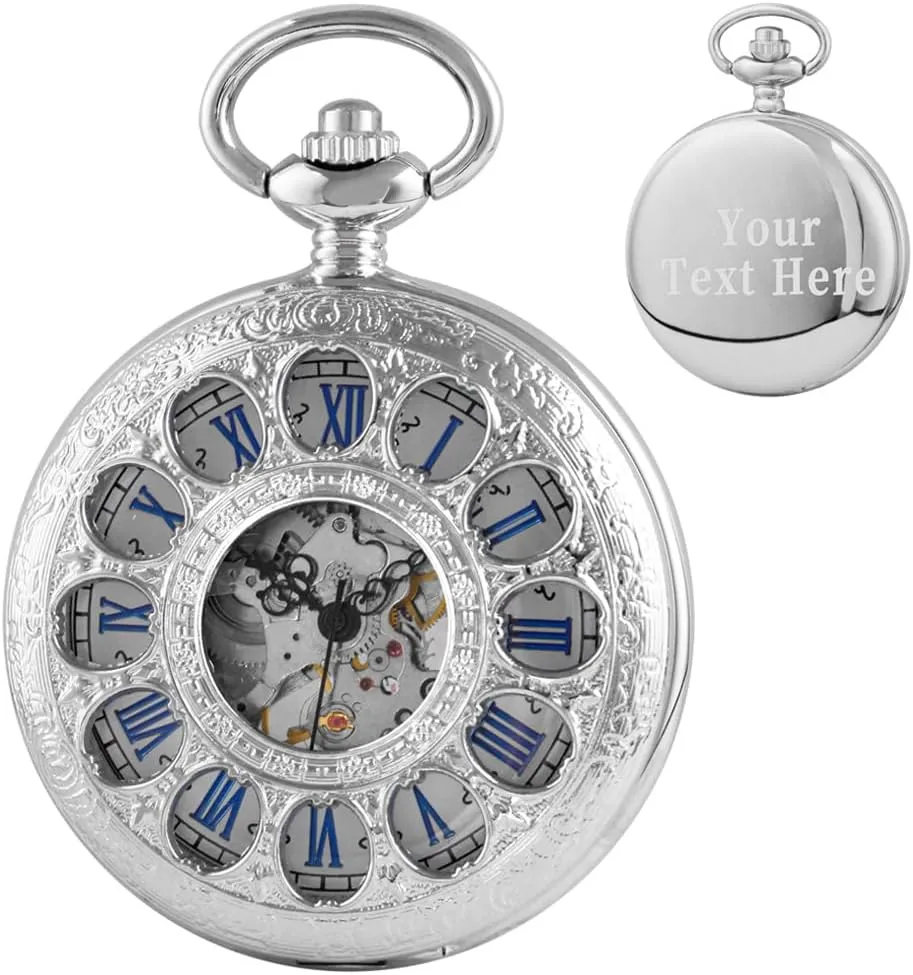 Hand Wind Mechanical Hollow Twelve Holes Roman Numerals Customized construction dominate Pocket Watches Men Steampunk with Chain Box（Silver Personalization Pocket Watch Men's 
