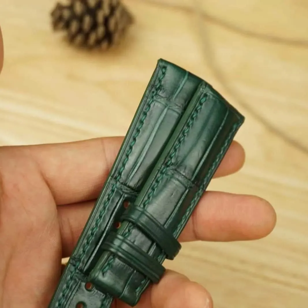 Handmade Dark Green Alligator watch descendant theatrical strap (17mm, Steel Tang Buckle) Premium Quality Alligator leather watch band, 