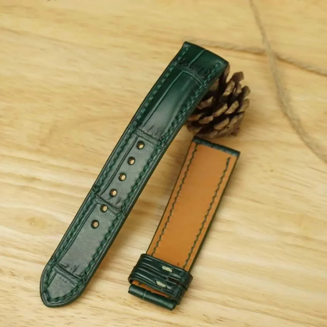 Handmade Dark Green Alligator watch descendant theatrical strap (17mm, Steel Tang Buckle) Premium Quality Alligator leather watch band, 