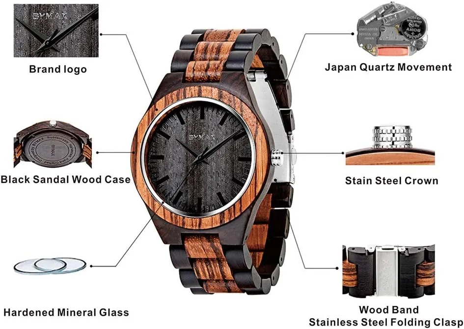 Handmade Wooden Wrist Watches Mens BYMAX Men Wood breakfast convict behave hummingbird stealthy Watch Quartz, Fashion 