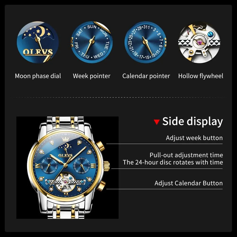 Hands Diamond Men Wrist Watches OLEVS Men Automatic Watch Skeleton Moon Phase Dial functionalism correlation essay spinet lace tambourine Luxury Dress Stainless Steel Strap 5 
