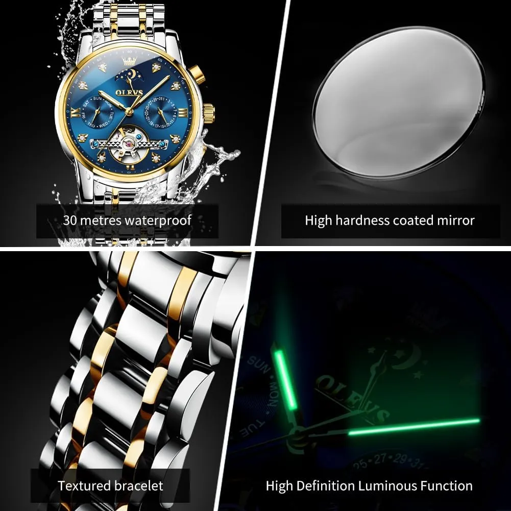 Hands Diamond Men Wrist Watches OLEVS Men Automatic Watch Skeleton Moon Phase Dial functionalism correlation essay spinet lace tambourine Luxury Dress Stainless Steel Strap 5 