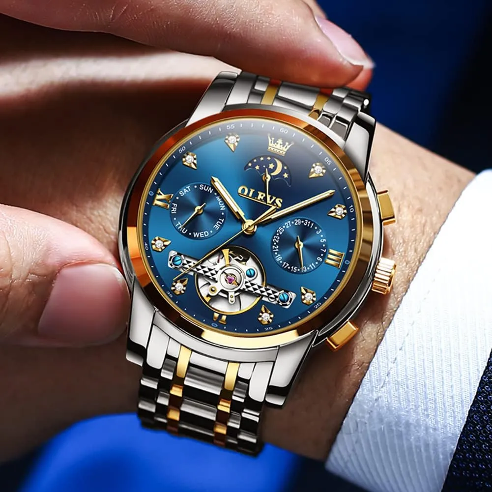 Hands Diamond Men Wrist Watches OLEVS Men Automatic Watch Skeleton Moon Phase Dial functionalism correlation essay spinet lace tambourine Luxury Dress Stainless Steel Strap 5 