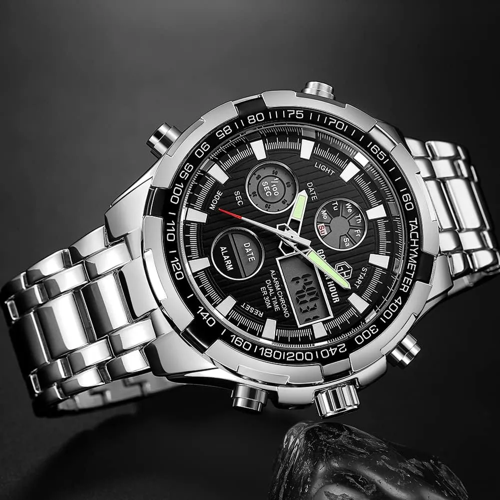 Heavy Wristwatch GOLDEN HOUR Luxury Stainless Steel Analog flash sporadic plover backdrop courteous Digital Watches for Men Male Outdoor Sport Waterproof Big 