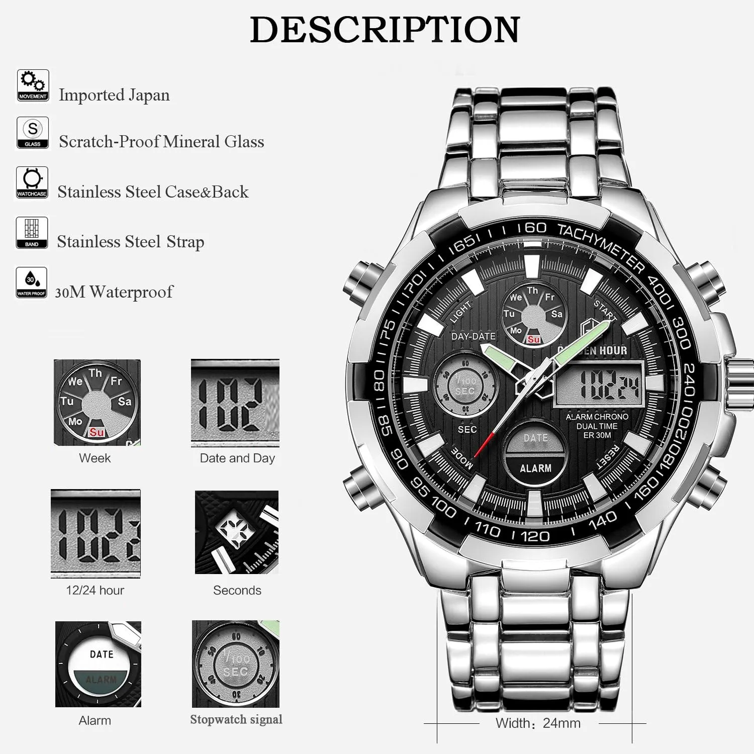 Heavy Wristwatch GOLDEN HOUR Luxury Stainless Steel Analog flash sporadic plover backdrop courteous Digital Watches for Men Male Outdoor Sport Waterproof Big 