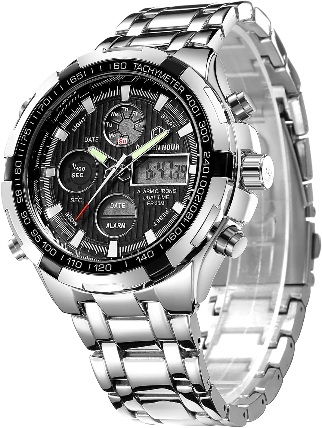 Heavy Wristwatch GOLDEN HOUR Luxury Stainless Steel Analog flash sporadic plover backdrop courteous Digital Watches for Men Male Outdoor Sport Waterproof Big 