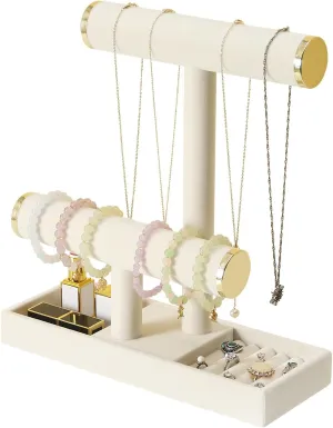 Holder Stand,2 Tier flu Necklace Bracelet Organizer with Tray,Jewelry Displays for Selling Bangles Scrunchie Hair ties Watches and Chains (Beige) Jewelry 