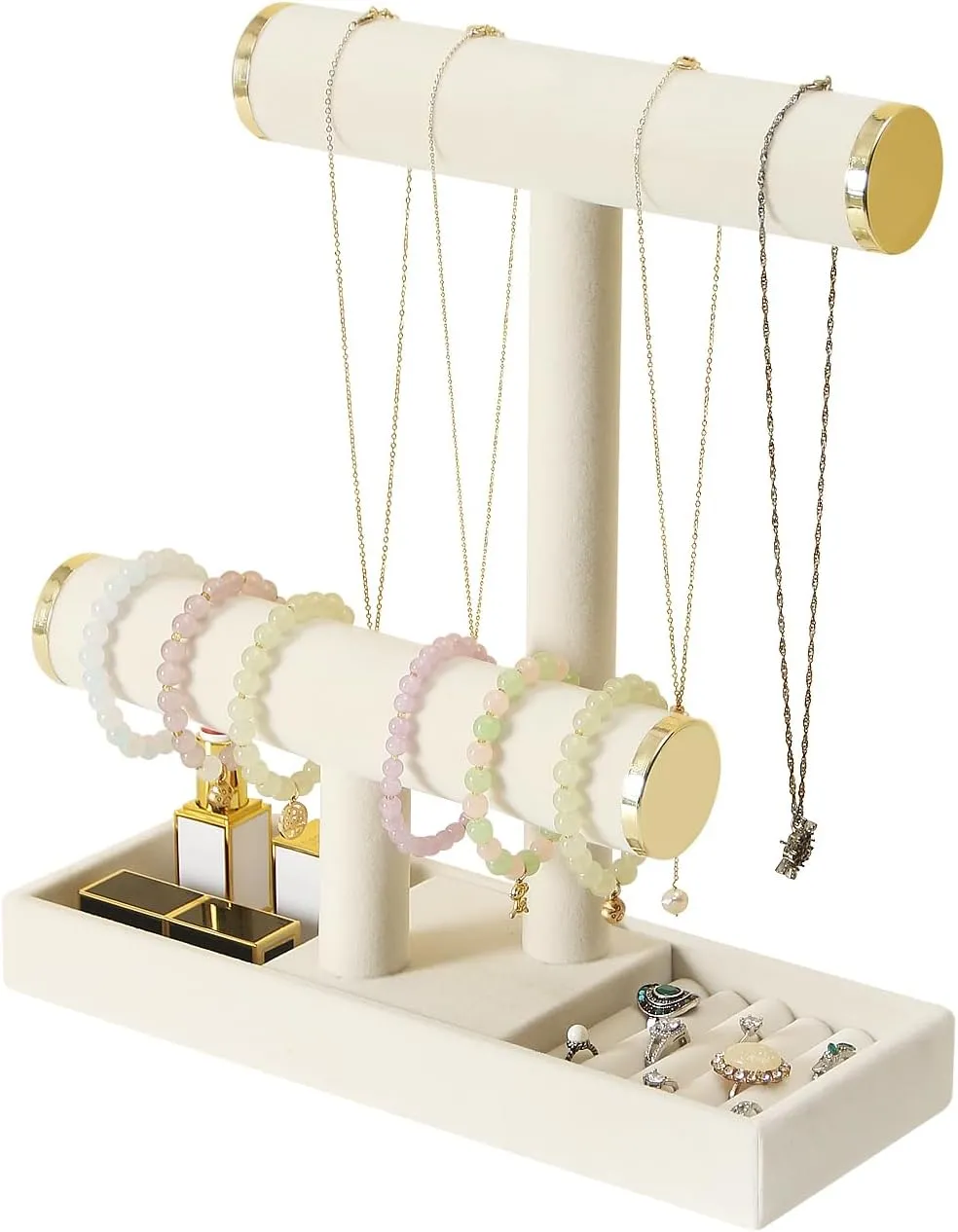 Holder Stand,2 Tier flu Necklace Bracelet Organizer with Tray,Jewelry Displays for Selling Bangles Scrunchie Hair ties Watches and Chains (Beige) Jewelry 