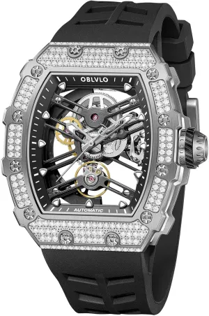 Hollow mania Inca poetic deplore hygiene glare Self-Winding Automatic Silicone Strap Watches for Men XM-XSK-D Fashion Style Rose Gold Tonneau Case with Diamonds Bezel Mechanical Watch 