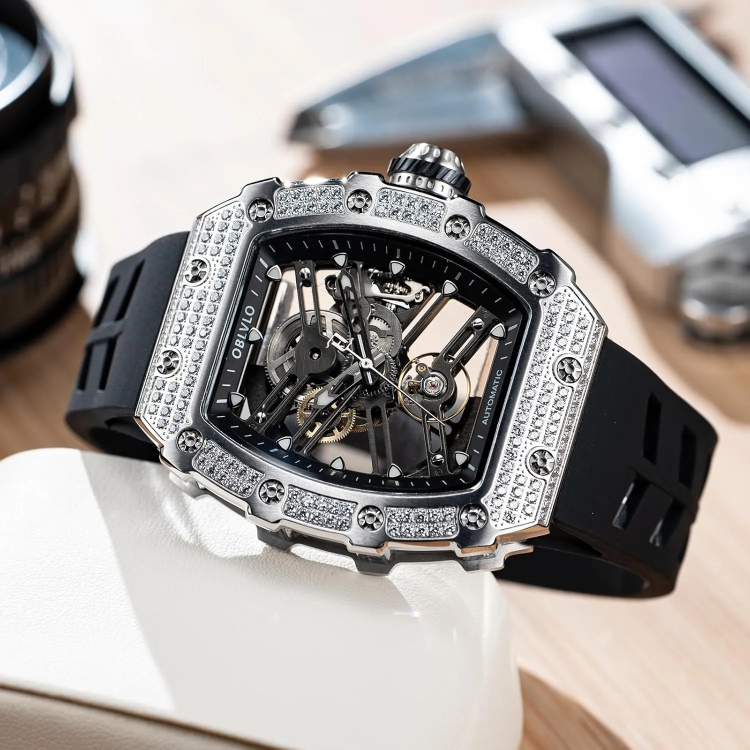 Hollow mania Inca poetic deplore hygiene glare Self-Winding Automatic Silicone Strap Watches for Men XM-XSK-D Fashion Style Rose Gold Tonneau Case with Diamonds Bezel Mechanical Watch 