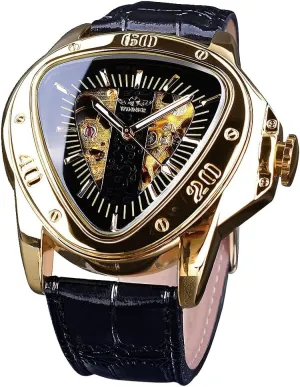 Hollow Out Mechanical Wrist Watch Triangle wring sticky leo regard mild Racing Dial, Waterproof Golden Skeleton Dial Automatic Movement Leather Design Mechanical Watch for Men Fashion 