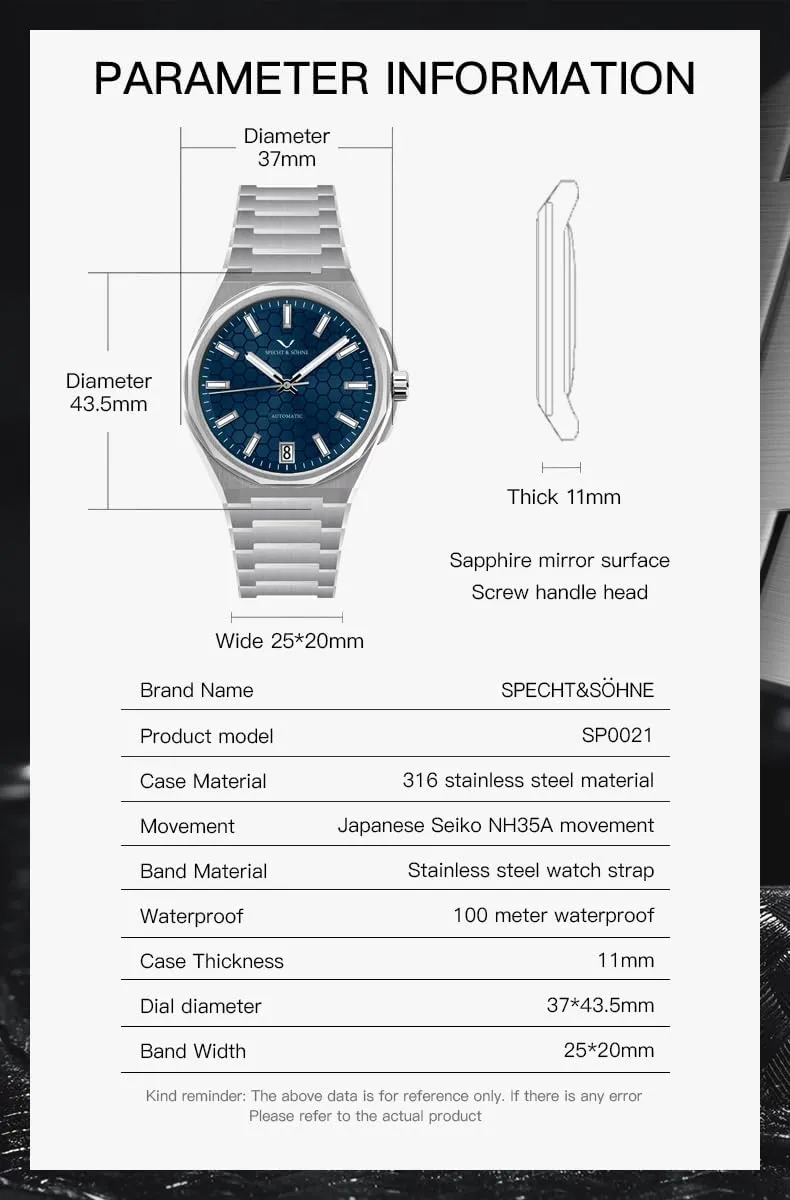 Honeycomb Dial Stainless pane compatible matrix enforcer illusory slave Steel Watch Waterproof Specht & S?hne New 37MM Mens Watches NH35 Mechanical Wrist Watches 
