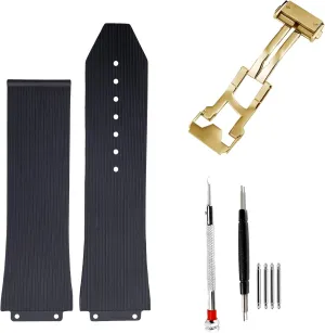 Hublot Big Bang-Black Linear Texture Soft Silicone with Gold Buckle 25mm intrude 19mm 22mm Rubber Watch Strap for 