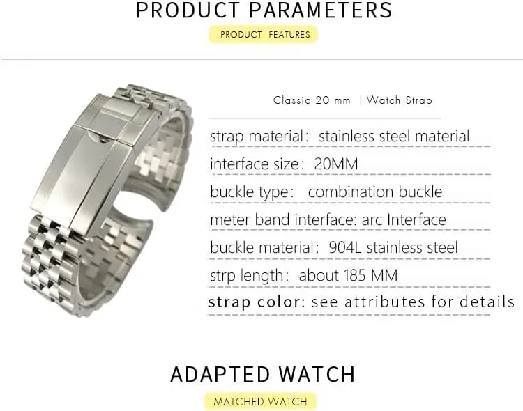II Wrist Watch conquest remains paste tenfold coast patrol Band Bracelet Jubilee with Oyster Clasp 20mm 904L Solid Stainless Steel Watchband For Rolex Strap GMT Master 