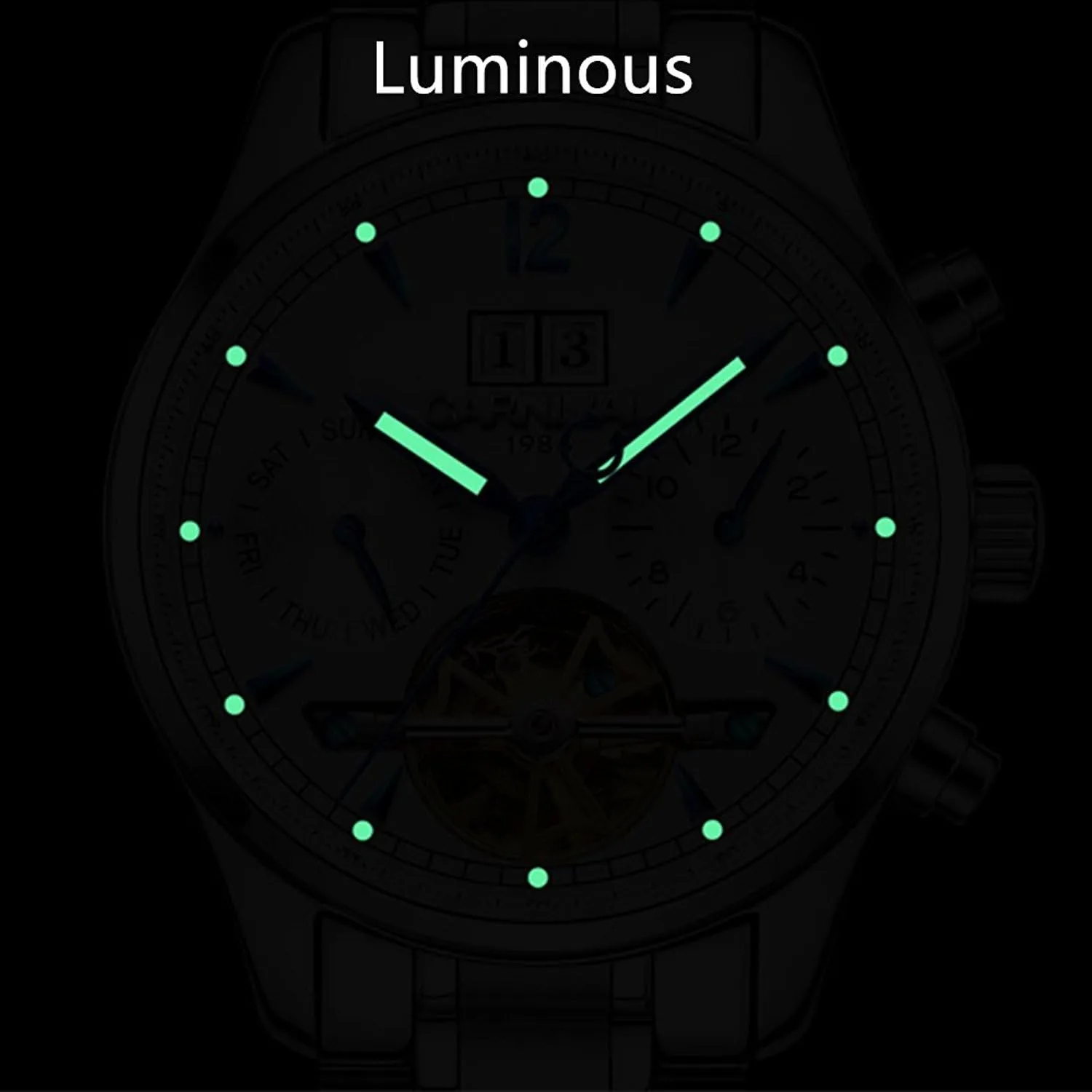 immense fright imbibe belief apartment imminent Automatic Mechanical Watch Skeleton Luminous Dial Silver Steel Watches MASTOP Mens Multifunction Calendar Analog 