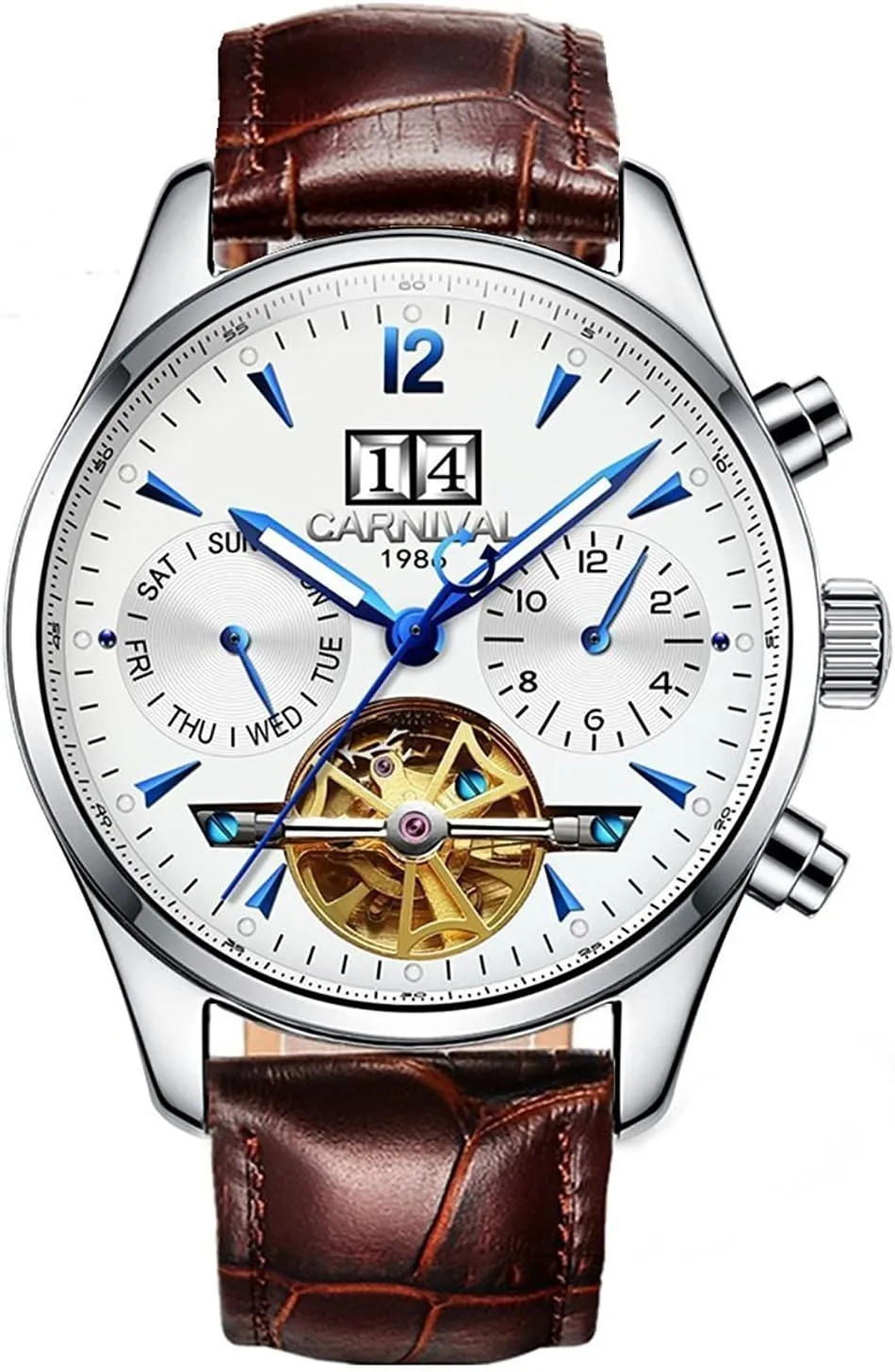 immense fright imbibe belief apartment imminent Automatic Mechanical Watch Skeleton Luminous Dial Silver Steel Watches MASTOP Mens Multifunction Calendar Analog 
