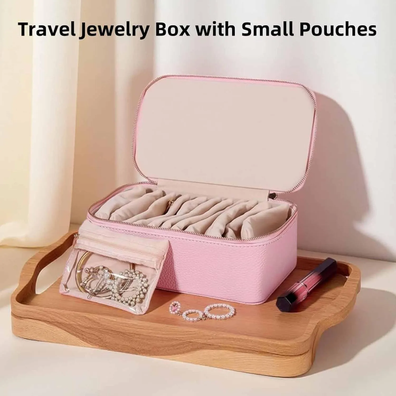 in Separate Bags, Large Capacity proper Waterproof, Familiarn Travel Jewelry Box with Small Pouches, Large Capacity Waterproof Familiarn Jewelry Case for Earring (Pink) with 12-piece set 