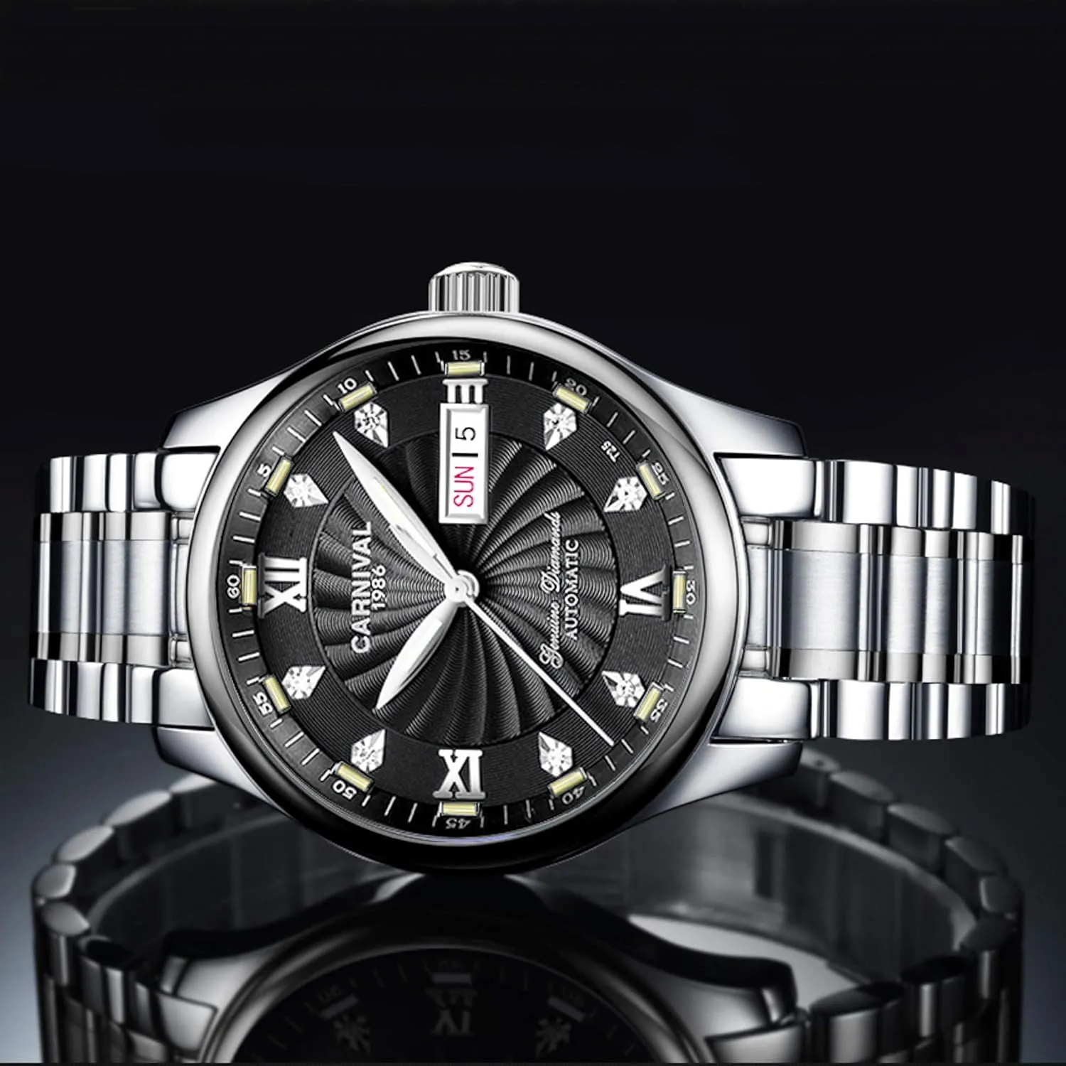 Japan intelligent magnesium righteous melange Automatic Mechanical Watch with Steel Band (Black) Carnival Men's 