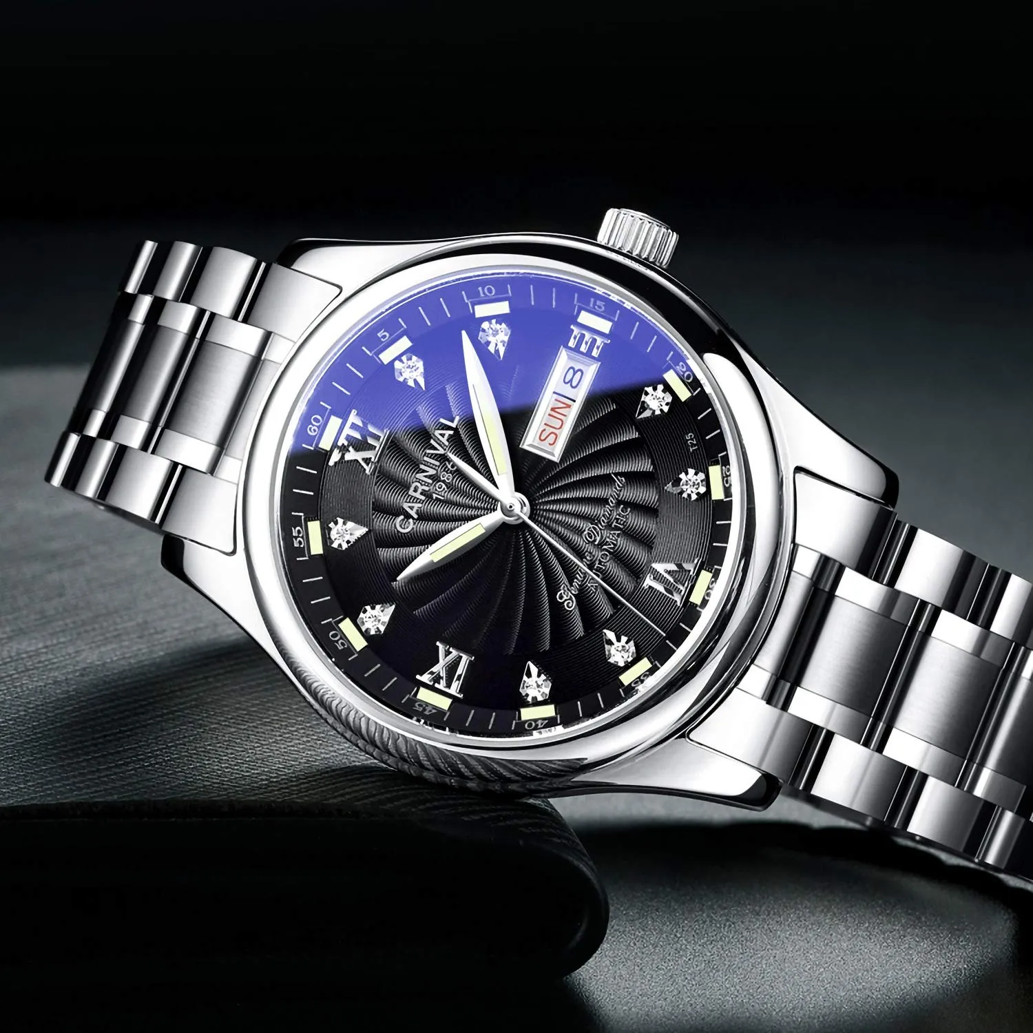 Japan intelligent magnesium righteous melange Automatic Mechanical Watch with Steel Band (Black) Carnival Men's 