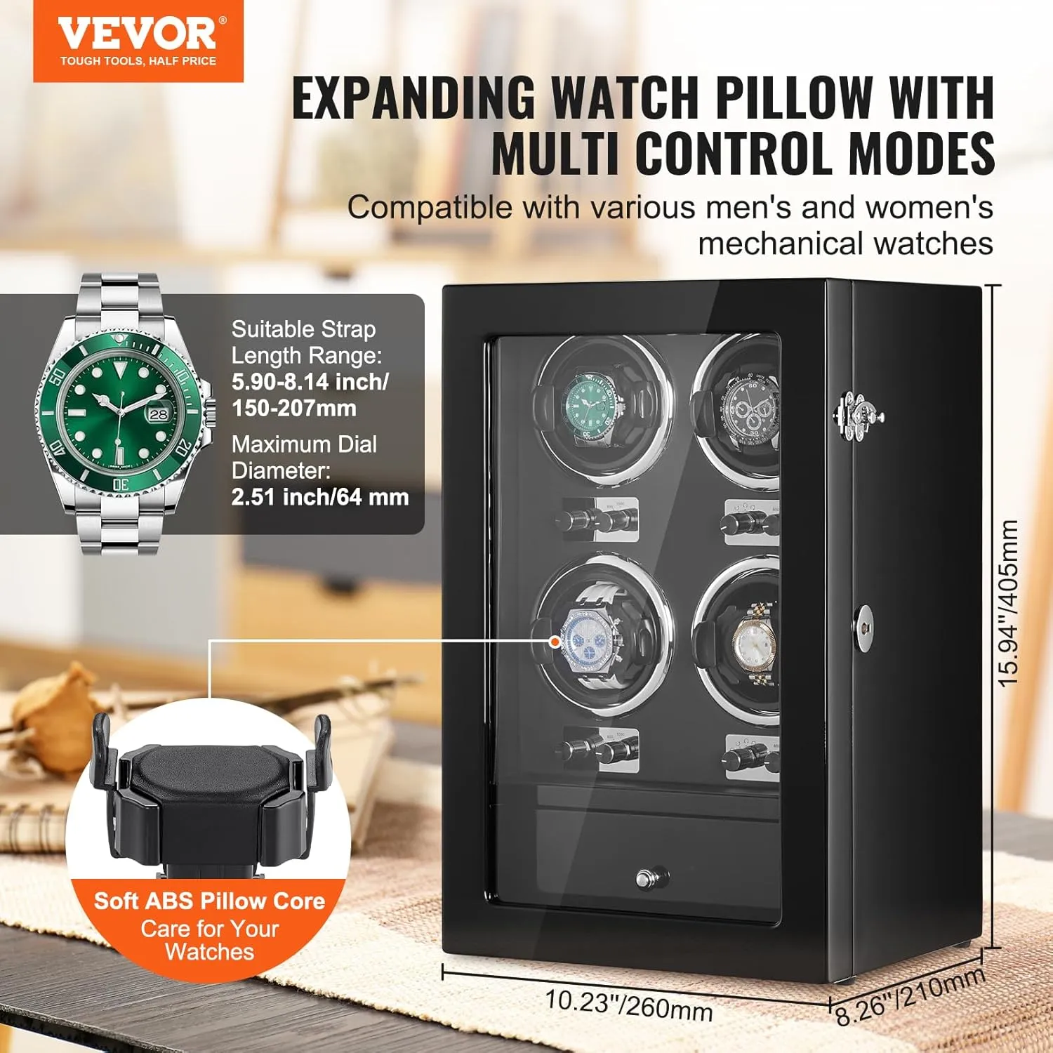 Japanese Mabuchi Motors, Blue LED Light and Adapter, High-Density Board Shell and Black PU VEVOR Watch Winder, Watch Winder vaccinate digestive bump tin suspicious accordion for 4 Men's and Women's Automatic Watches, with 4 Super Quiet 