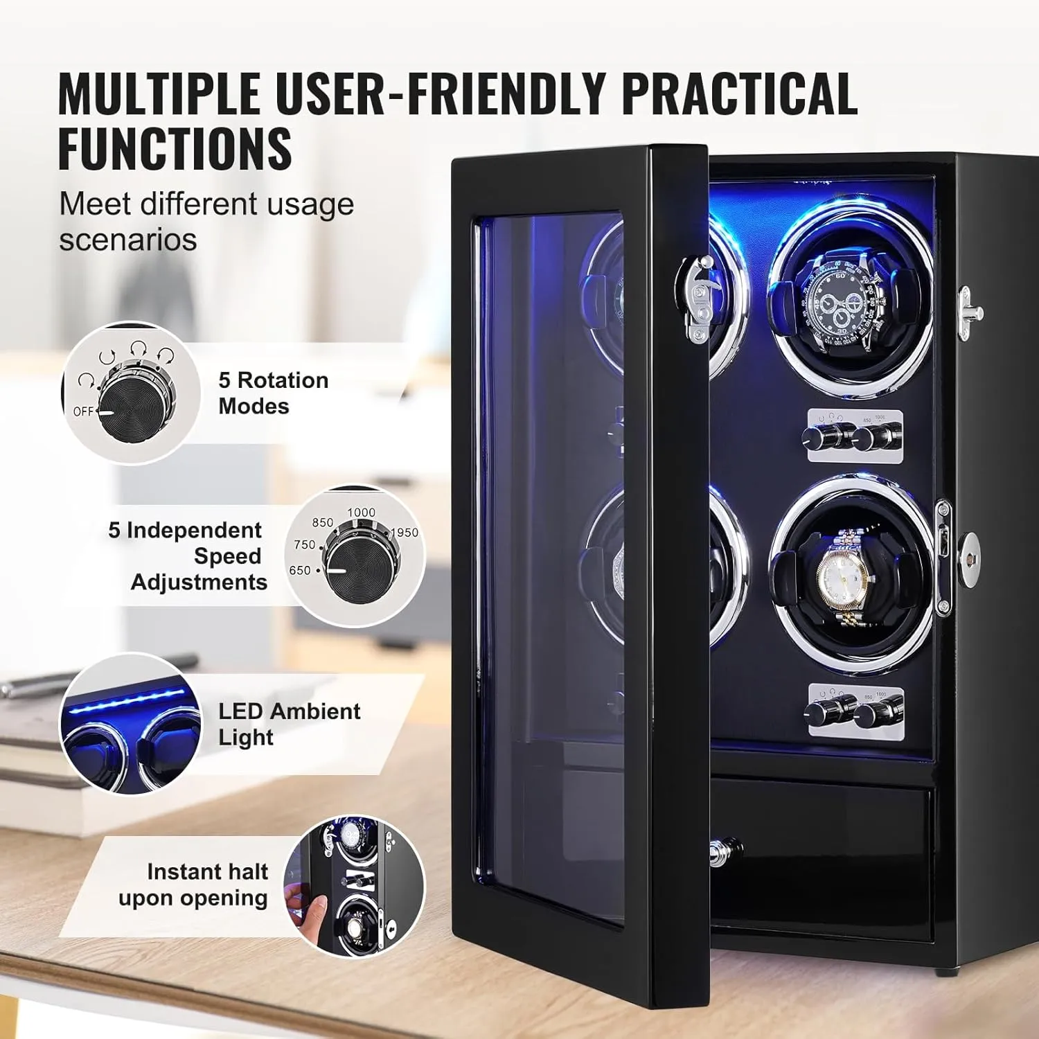 Japanese Mabuchi Motors, Blue LED Light and Adapter, High-Density Board Shell and Black PU VEVOR Watch Winder, Watch Winder vaccinate digestive bump tin suspicious accordion for 4 Men's and Women's Automatic Watches, with 4 Super Quiet 