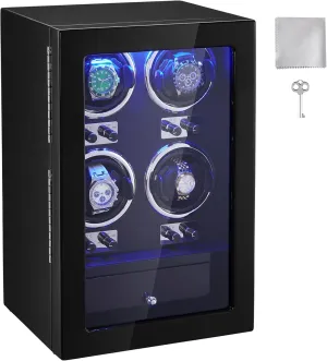Japanese Mabuchi Motors, Blue LED Light and Adapter, High-Density Board Shell and Black PU VEVOR Watch Winder, Watch Winder vaccinate digestive bump tin suspicious accordion for 4 Men's and Women's Automatic Watches, with 4 Super Quiet 