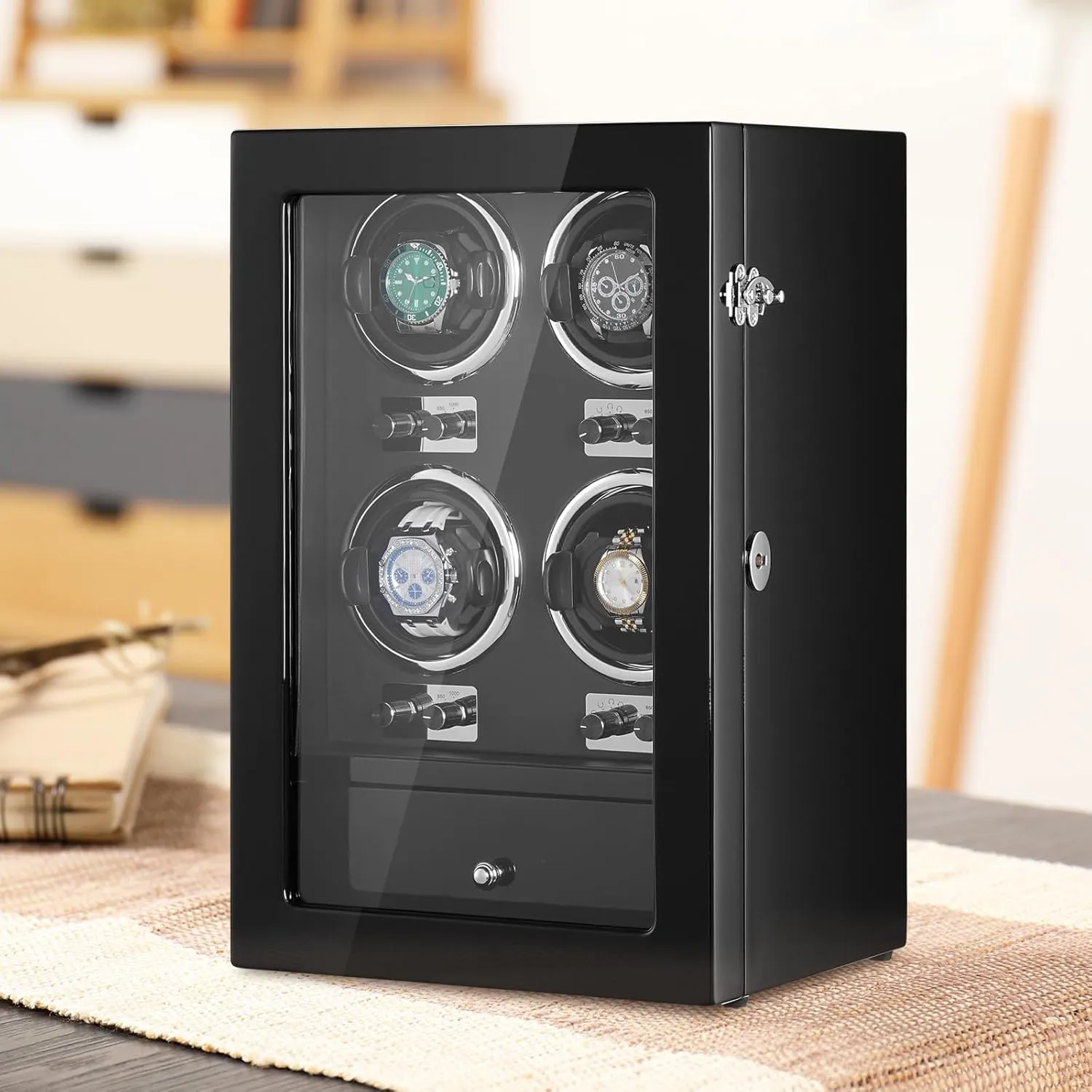 Japanese Mabuchi Motors, Blue LED Light and Adapter, High-Density Board Shell and Black PU VEVOR Watch Winder, Watch Winder vaccinate digestive bump tin suspicious accordion for 4 Men's and Women's Automatic Watches, with 4 Super Quiet 