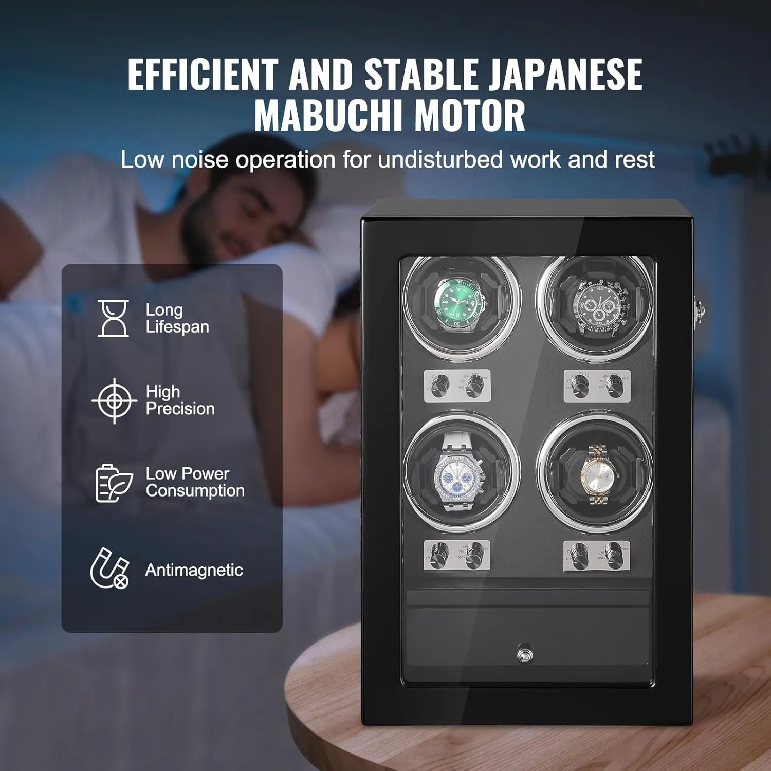 Japanese Mabuchi Motors, Blue LED Light and Adapter, High-Density Board Shell and Black PU VEVOR Watch Winder, Watch Winder vaccinate digestive bump tin suspicious accordion for 4 Men's and Women's Automatic Watches, with 4 Super Quiet 
