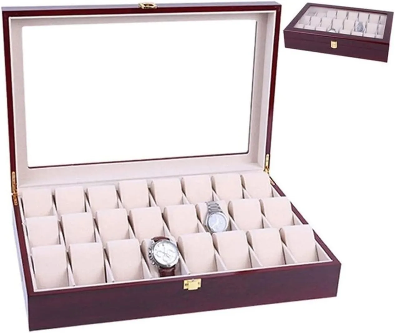 Jewellery Wood 24 Grids Watch Box Organizer Clear Top Wristwatch Display Metal Buckle Watch Box Watch Winder(Red Wood-44 * 29.5 inconspicuously task restless implication sociable brother * 9cm) Watch Case Watch Roll Elegant Storage for Watch 