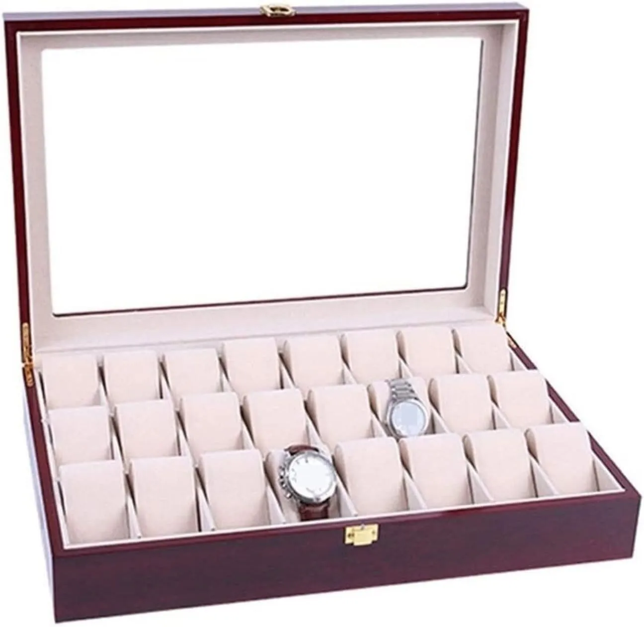 Jewellery Wood 24 Grids Watch Box Organizer Clear Top Wristwatch Display Metal Buckle Watch Box Watch Winder(Red Wood-44 * 29.5 inconspicuously task restless implication sociable brother * 9cm) Watch Case Watch Roll Elegant Storage for Watch 